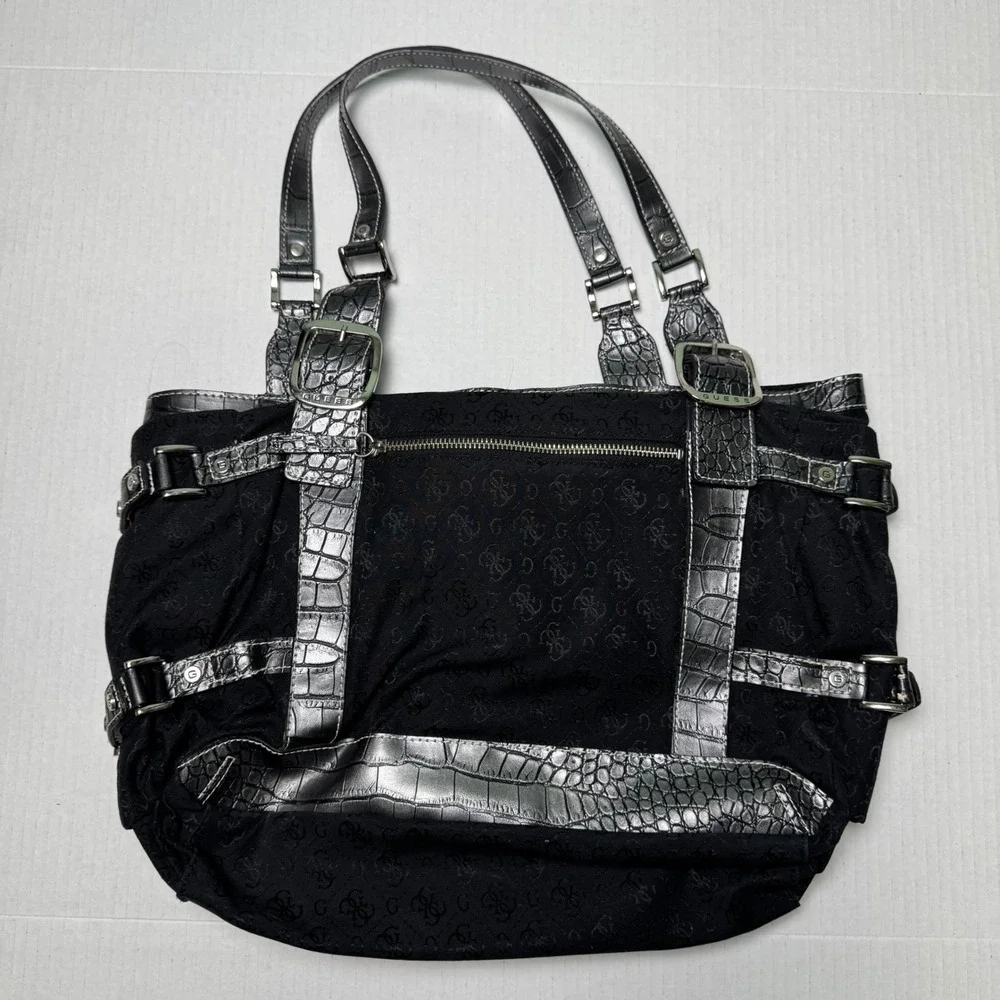 Vintage Y2K Guess Monogram Shoulder Tote Bag Rocker Glam Grunge Indie Sleaze - Picture 2 of 8